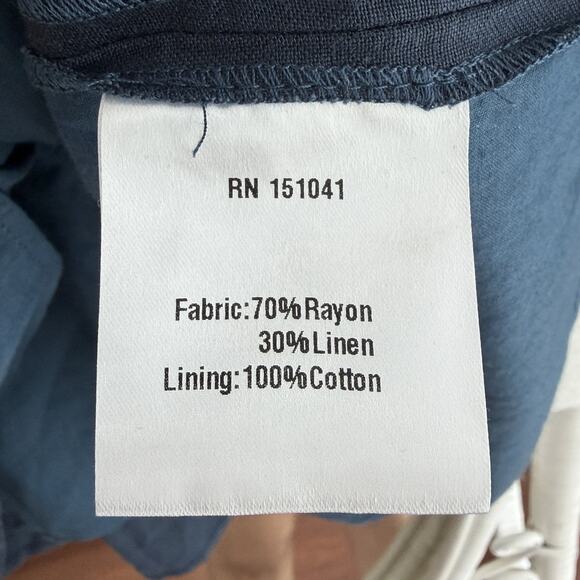 O.P.T. Dress Medium Navy Midi Smocked Puff Balloon Sleeve Cottage Prairie Linen - Picture 6 of 8